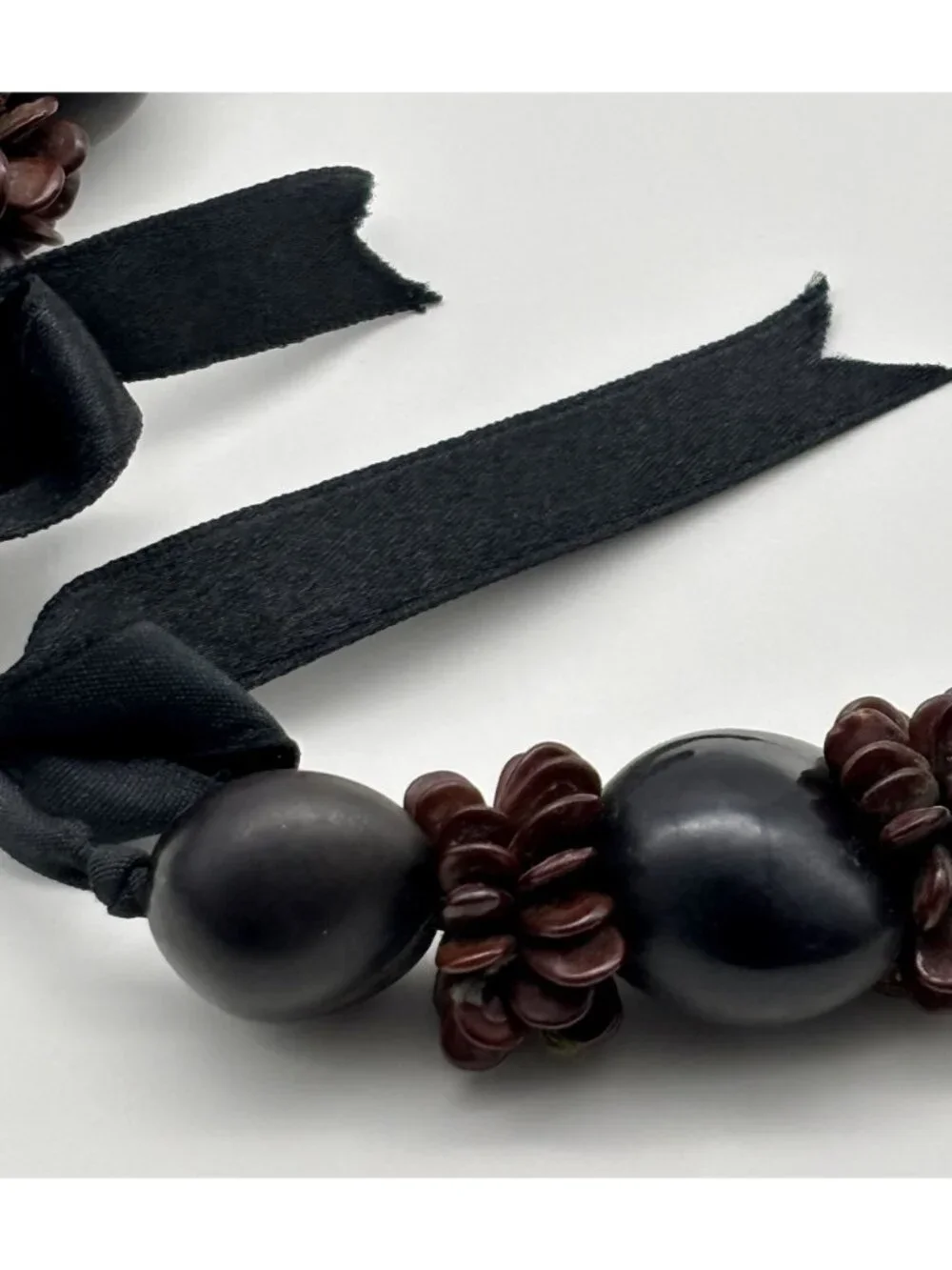 Vintage Hawaiian Lei Kukui Nut And Seeds Necklace With Ribbon Closure, Hand-Made - Picture 13 of 16